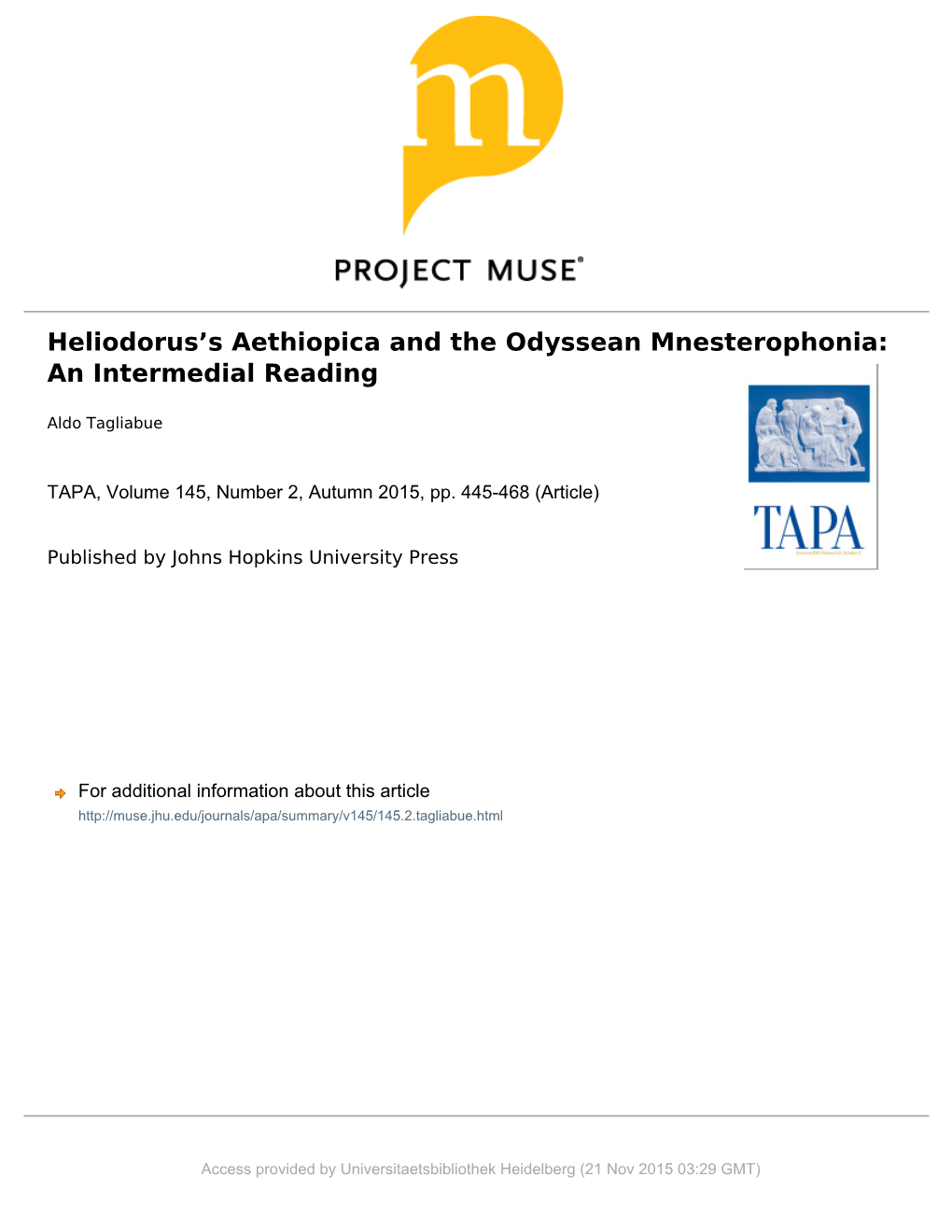 Heliodorusʼs Aethiopica and the Odyssean Mnesterophonia: An