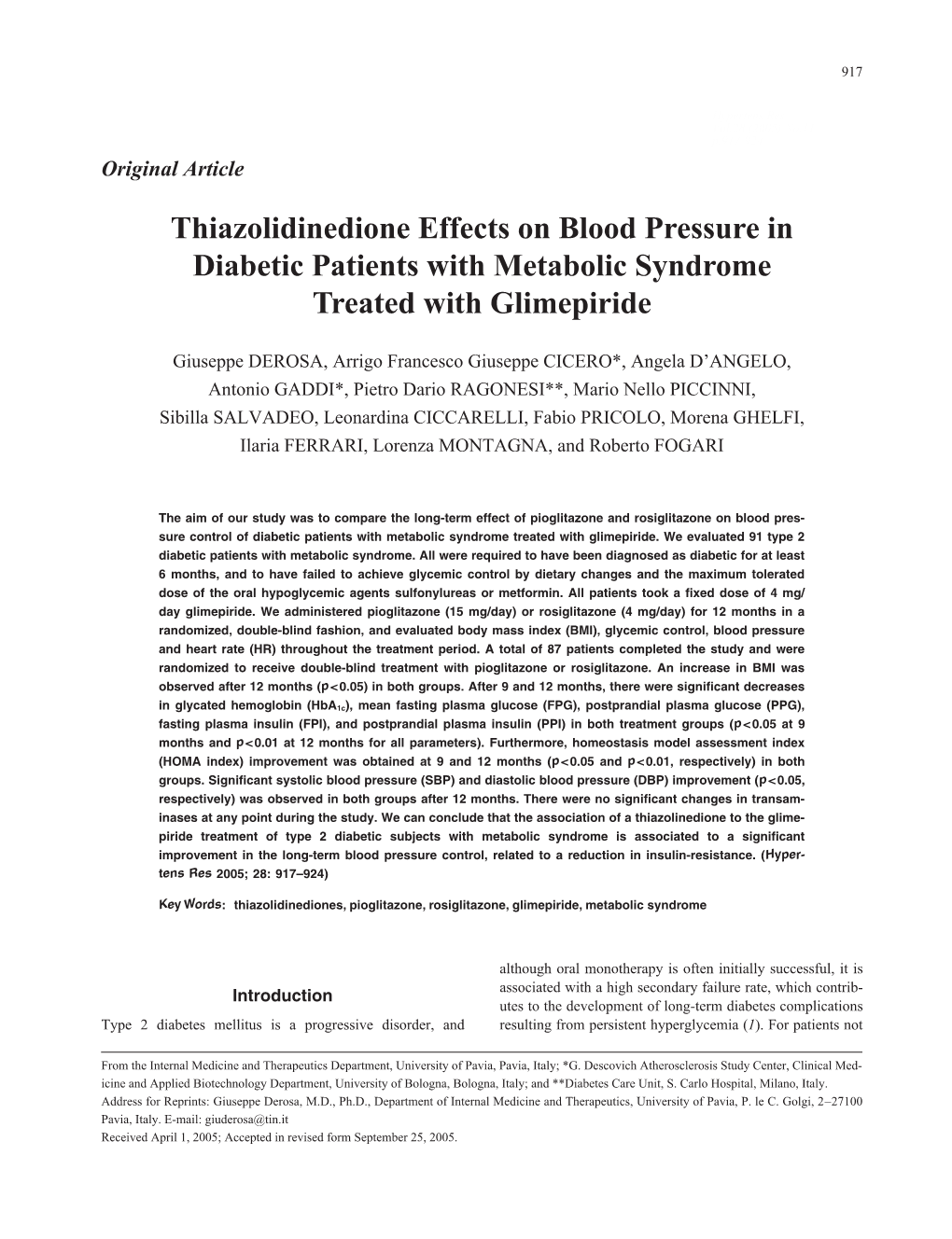 Thiazolidinedione Effects on Blood Pressure in Diabetic Patients with Metabolic Syndrome Treated with Glimepiride