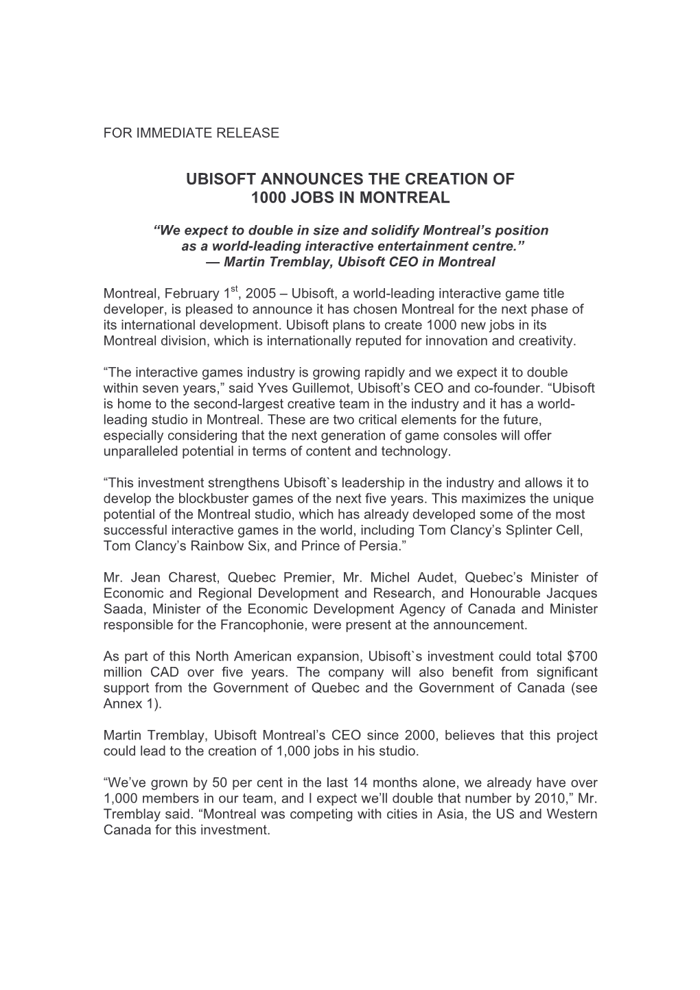 Ubisoft Announces the Creation of 1000 Jobs in Montreal