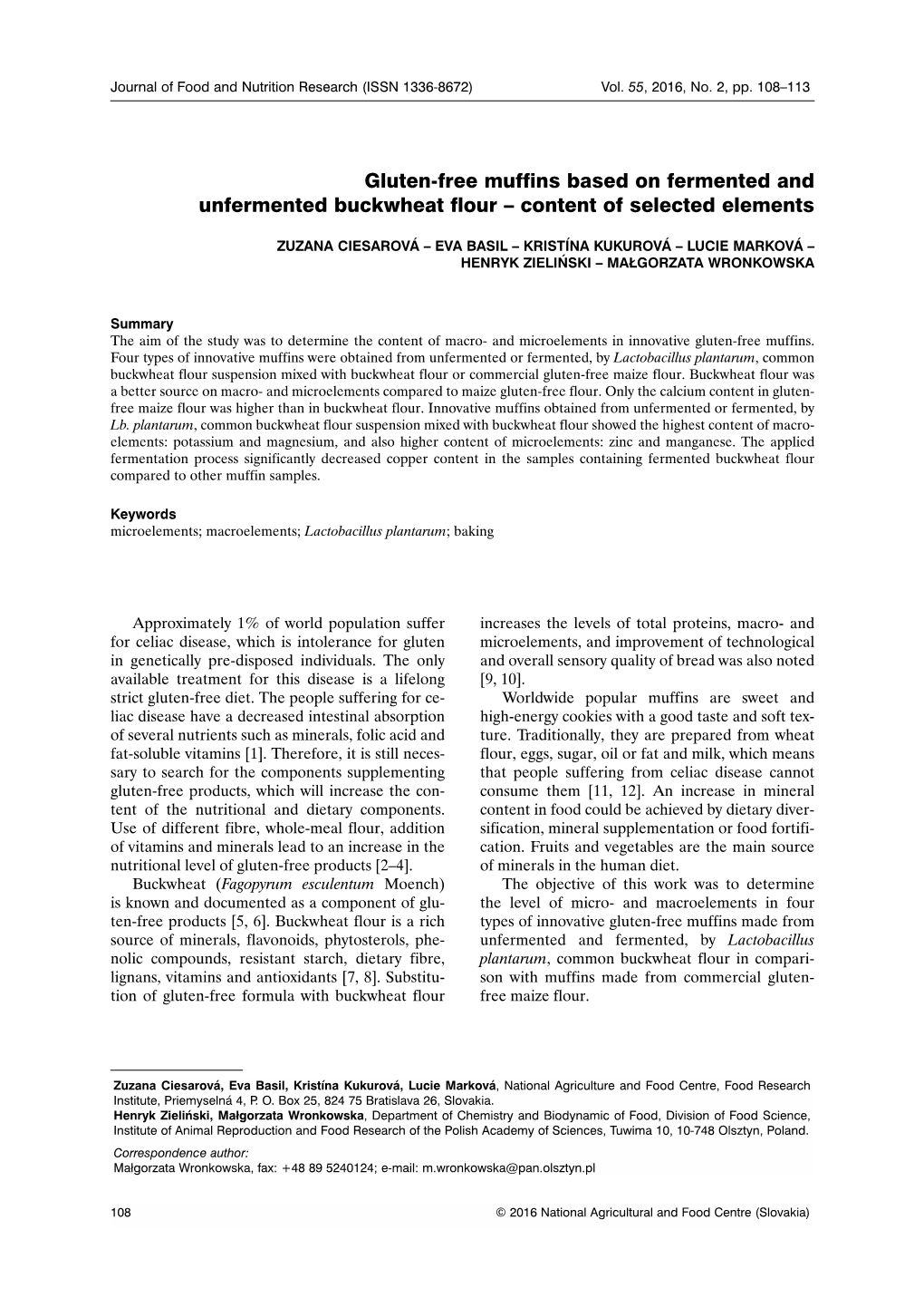 Gluten-Free Muffins Based on Fermented and Unfermented Buckwheat Flour – Content of Selected Elements