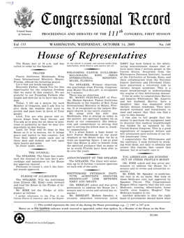 Congressional Record United States Th of America PROCEEDINGS and DEBATES of the 111 CONGRESS, FIRST SESSION