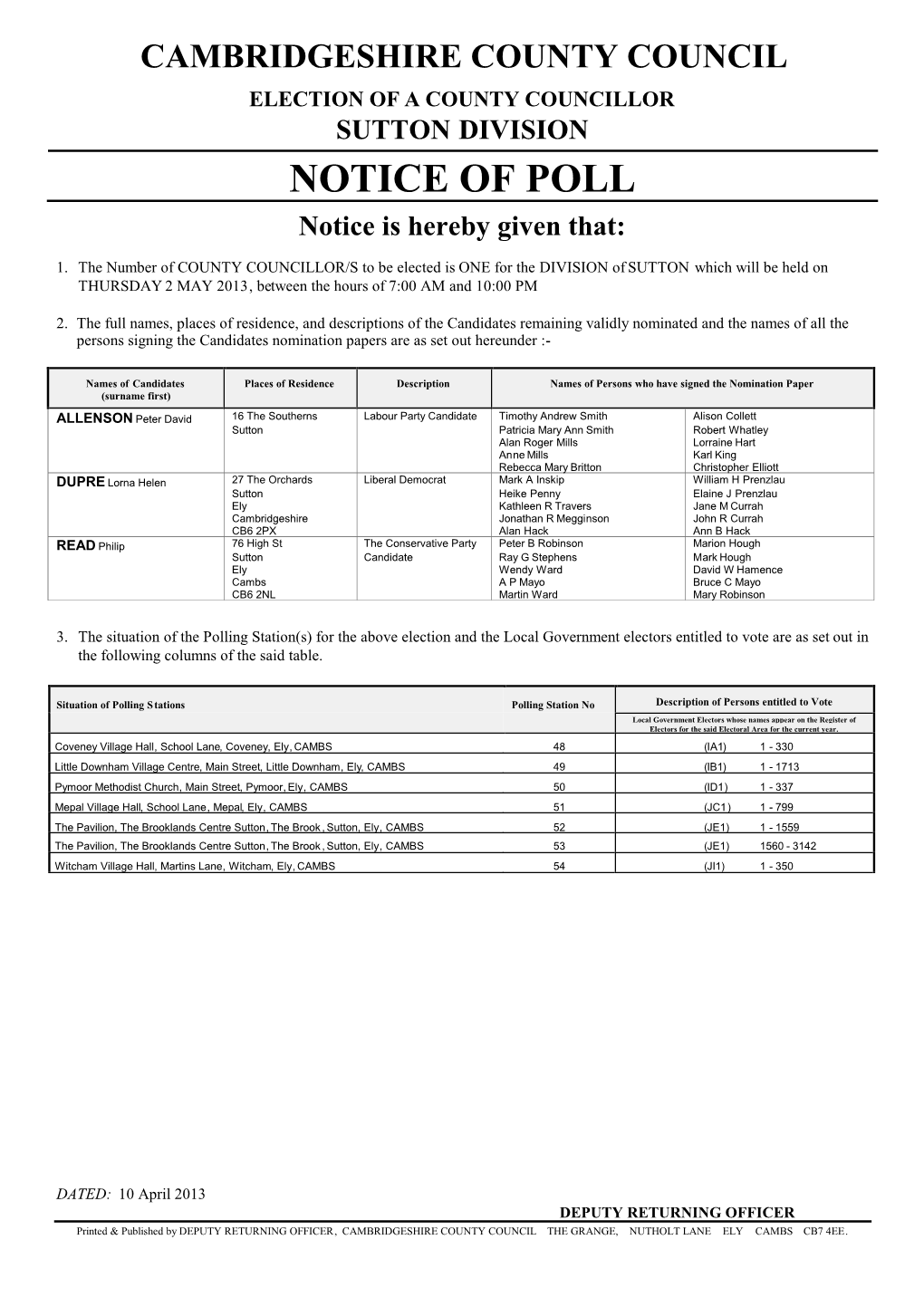 NOTICE of POLL Notice Is Hereby Given That