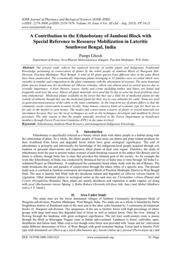A Contribution to the Ethnobotany of Jamboni Block with Special Reference to Resource Mobilization in Lateritic Southwest Bengal, India