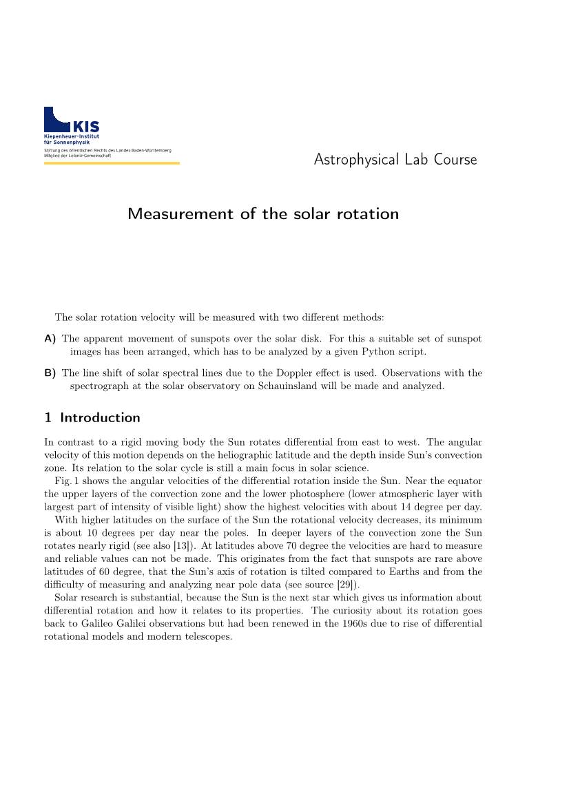 Astrophysical Lab Course Measurement of the Solar Rotation
