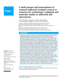 A Draft Genome and Transcriptome of Common Milkweed (Asclepias Syriaca)As Resources for Evolutionary, Ecological, and Molecular Studies in Milkweeds and Apocynaceae