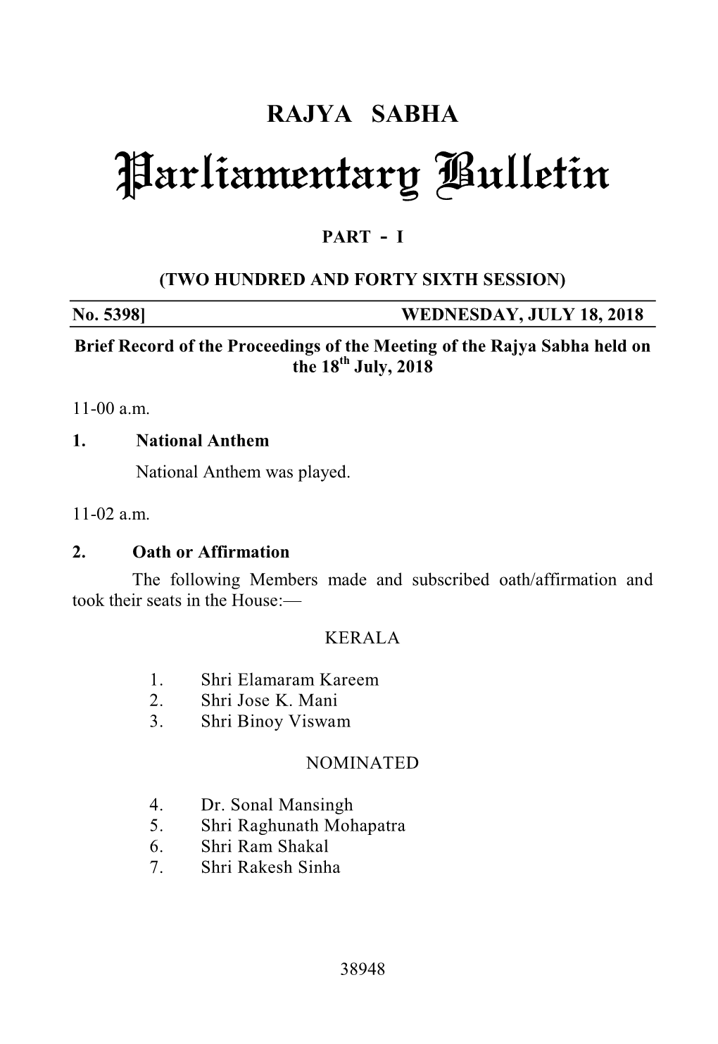 RAJYA SABHA Parliamentary Bulletin