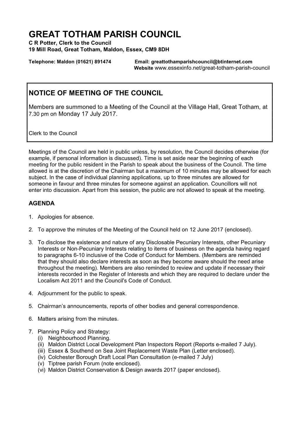 Council Agenda 07 17Th July 2017