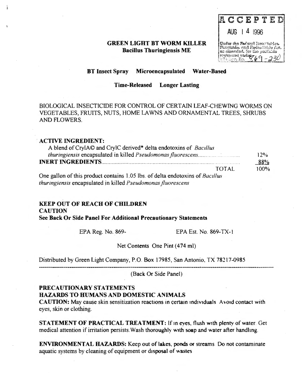 US EPA, Pesticide Product Label, GREEN LIGHT BT WORM KILLER