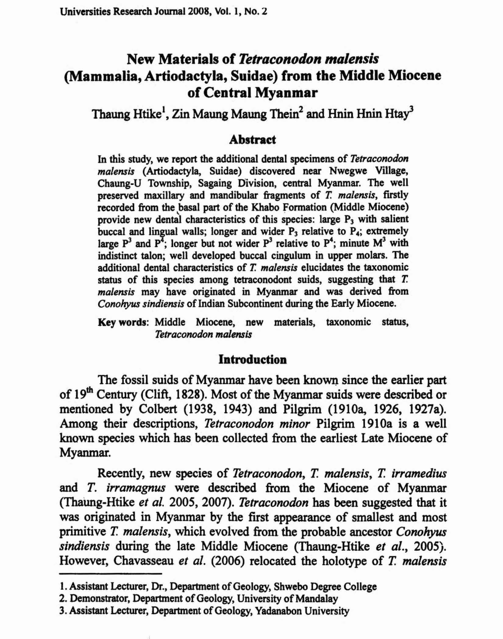 New Materials of Tetraconodon Malensis (Mammalia, Artiodactyla, Suidae) from the Middle Miocene of Central Myanmar