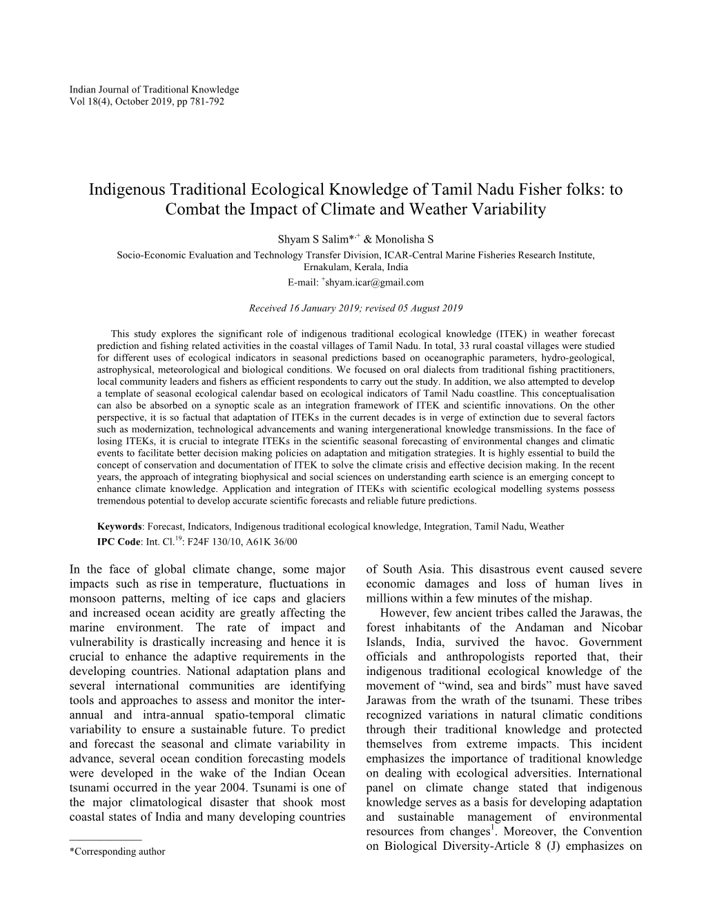 Indigenous Traditional Ecological Knowledge of Tamil Nadu Fisher Folks: to Combat the Impact of Climate and Weather Variability