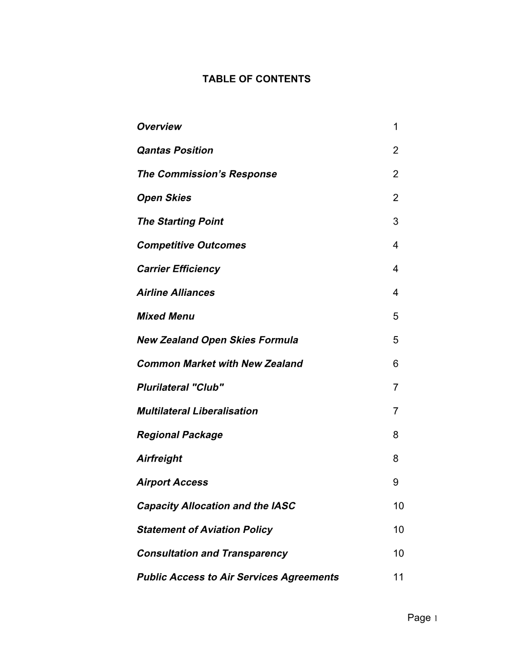 Page 1 TABLE of CONTENTS Overview 1 Qantas Position 2 The