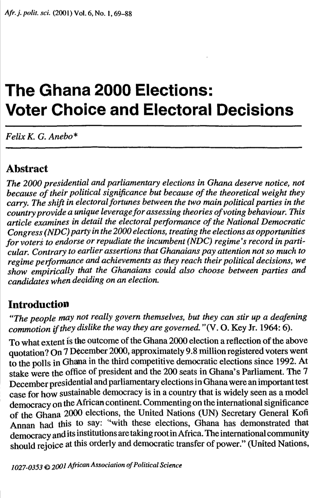 The Ghana 2000 Elections: Voter Choice and Electoral Decisions