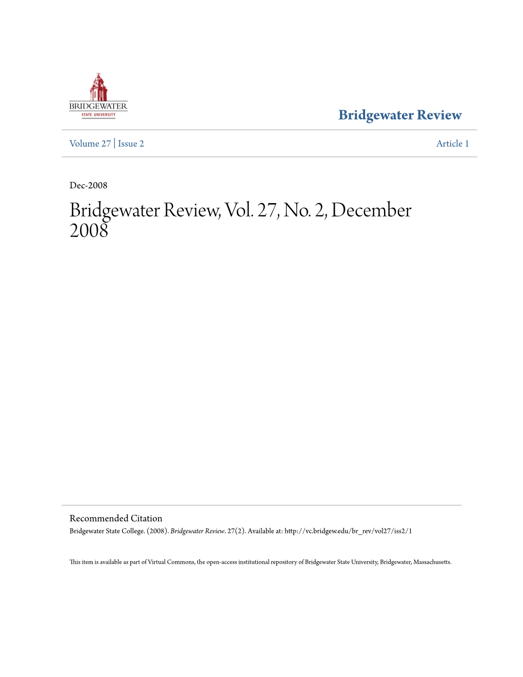 Bridgewater Review, Vol. 27, No. 2, December 2008