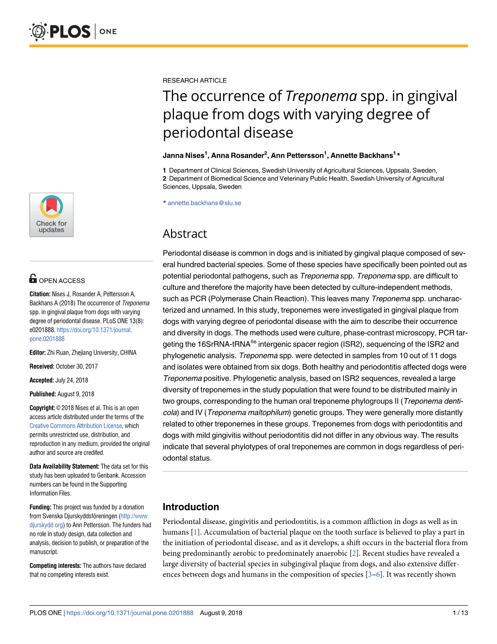 The Occurrence of Treponema Spp. in Gingival Plaque from Dogs with Varying Degree of Periodontal Disease