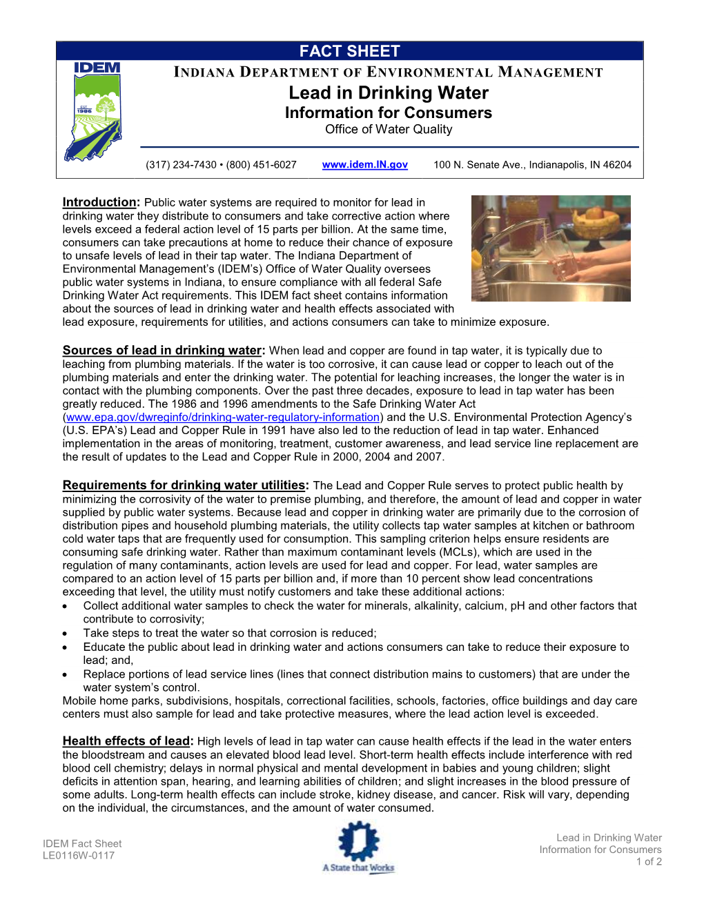 FACT SHEET INDIANA DEPARTMENT of ENVIRONMENTAL MANAGEMENT Lead in Drinking Water Information for Consumers Office of Water Quality