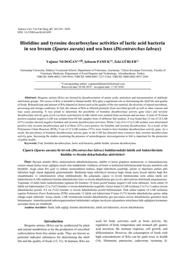 Histidine and Tyrosine Decarboxylase Activities of Lactic Acid Bacteria in Sea Bream (Sparus Aurata) and Sea Bass (Dicentrarchus Labrax)