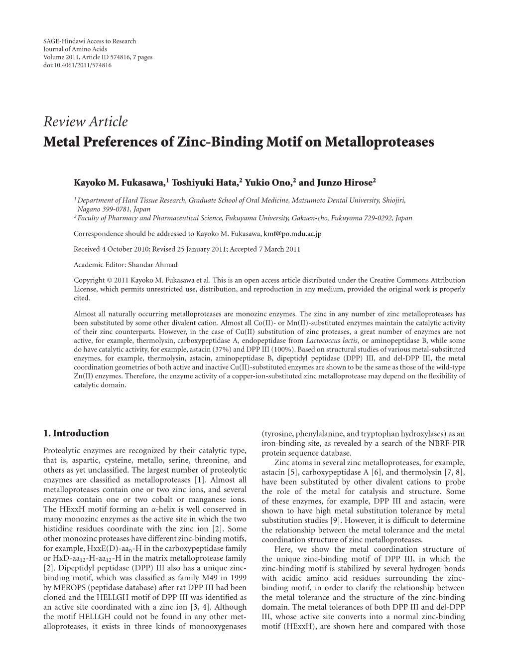 Review Article Metal Preferences of Zinc-Binding Motif on Metalloproteases