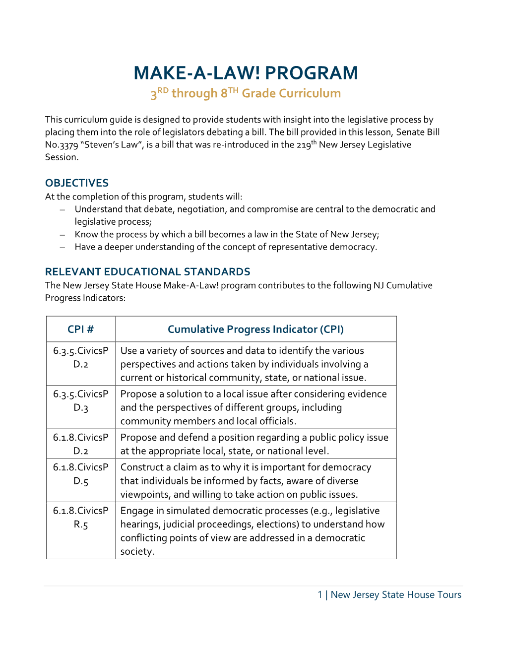 MAKE-A-LAW! PROGRAM 3RD Through 8TH Grade Curriculum