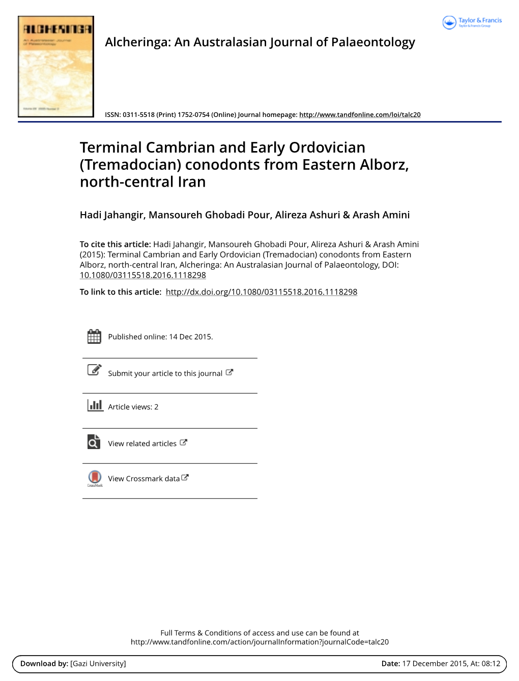 Terminal Cambrian and Early Ordovician (Tremadocian) Conodonts from Eastern Alborz, North-Central Iran