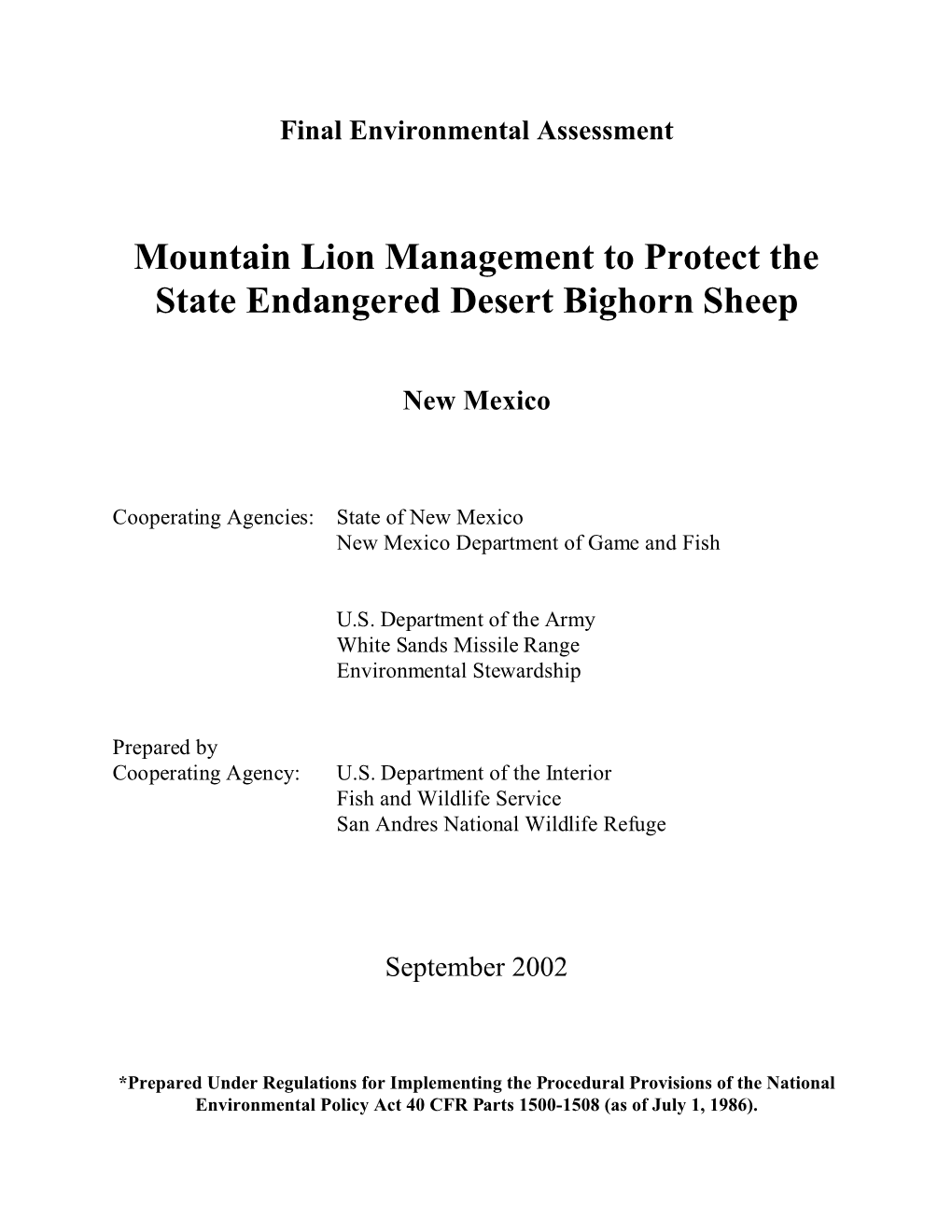 Mountain Lion Management to Protect the State Endangered Desert Bighorn Sheep