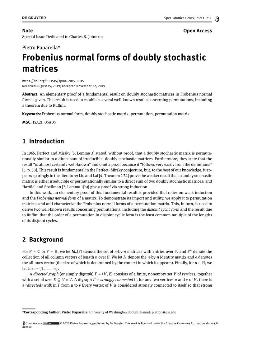Frobenius Normal Forms of Doubly Stochastic Matrices Received August 15, 2019; Accepted November 22, 2019