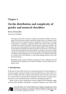 On the Distribution and Complexity of Gender and Numeral Classifiers Kaius Sinnemäki University of Helsinki