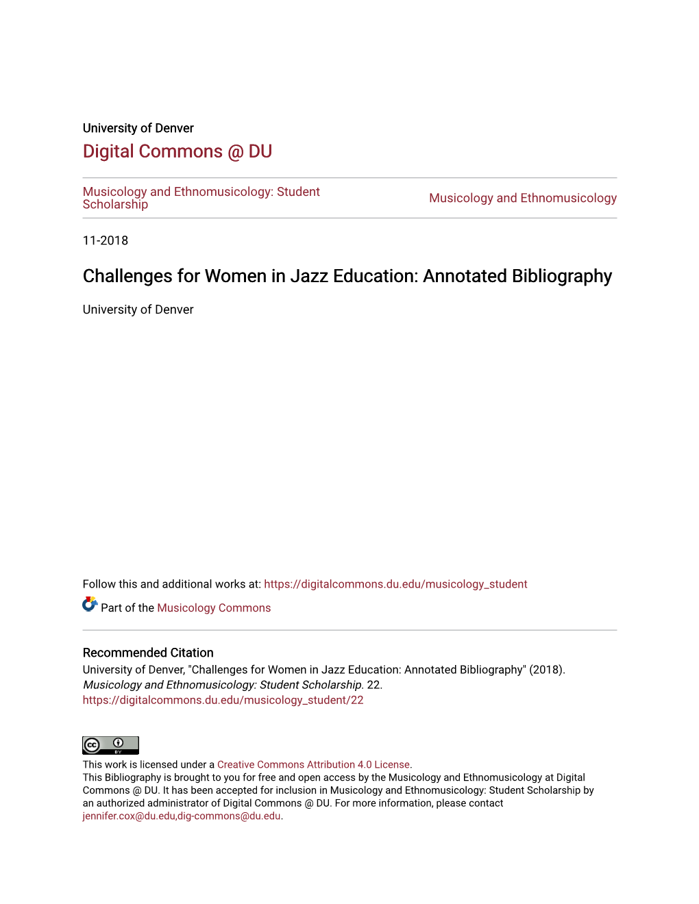 Challenges for Women in Jazz Education: Annotated Bibliography