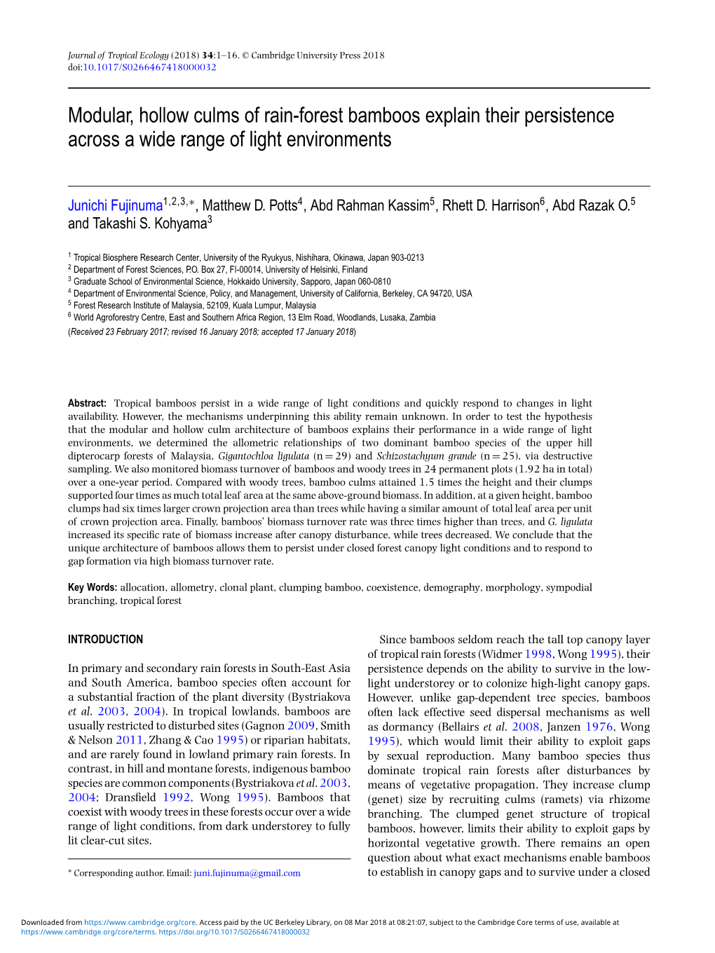 Modular, Hollow Culms of Rain-Forest Bamboos Explain Their Persistence Across a Wide Range of Light Environments