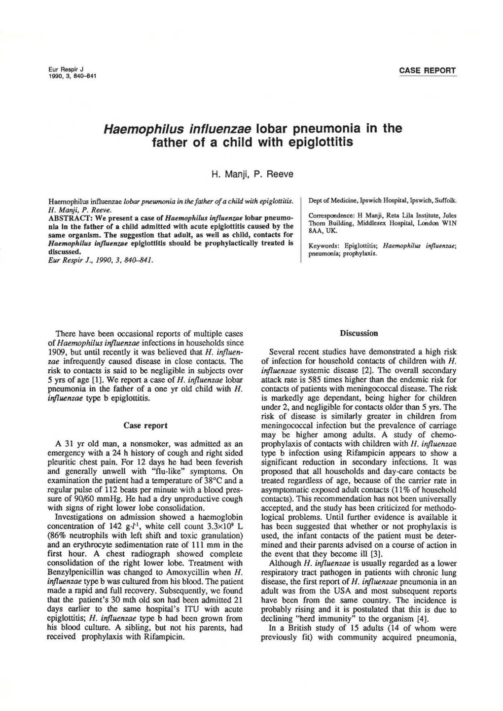 Haemophilus Influenzae Lobar Pneumonia in the Father of a Child with Epiglottitis