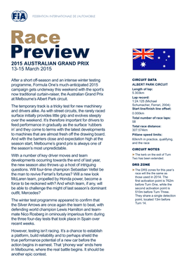Race Preview 2015 AUSTRALIAN GRAND PRIX 13-15 March 2015