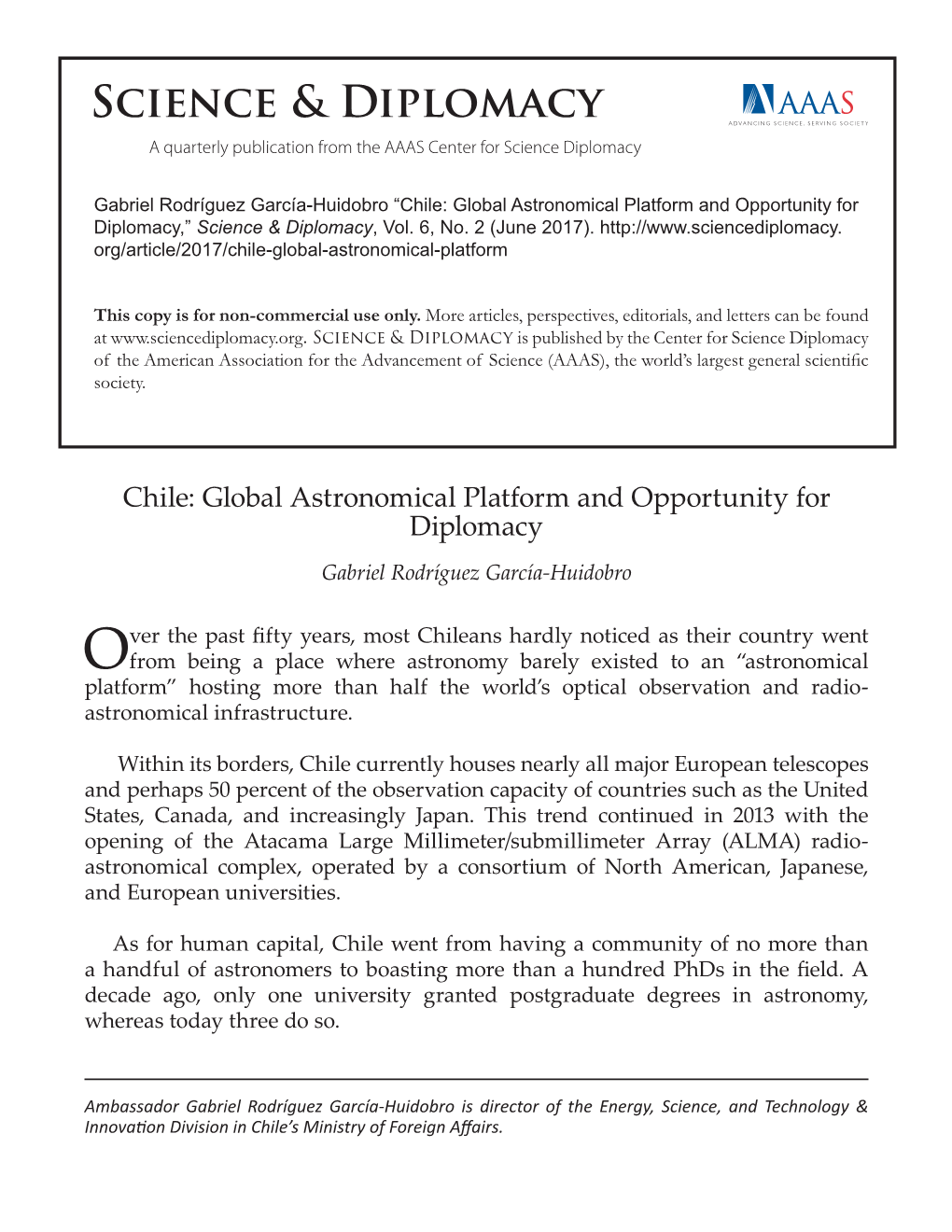 Chile: Global Astronomical Platform and Opportunity for Diplomacy,” Science & Diplomacy, Vol