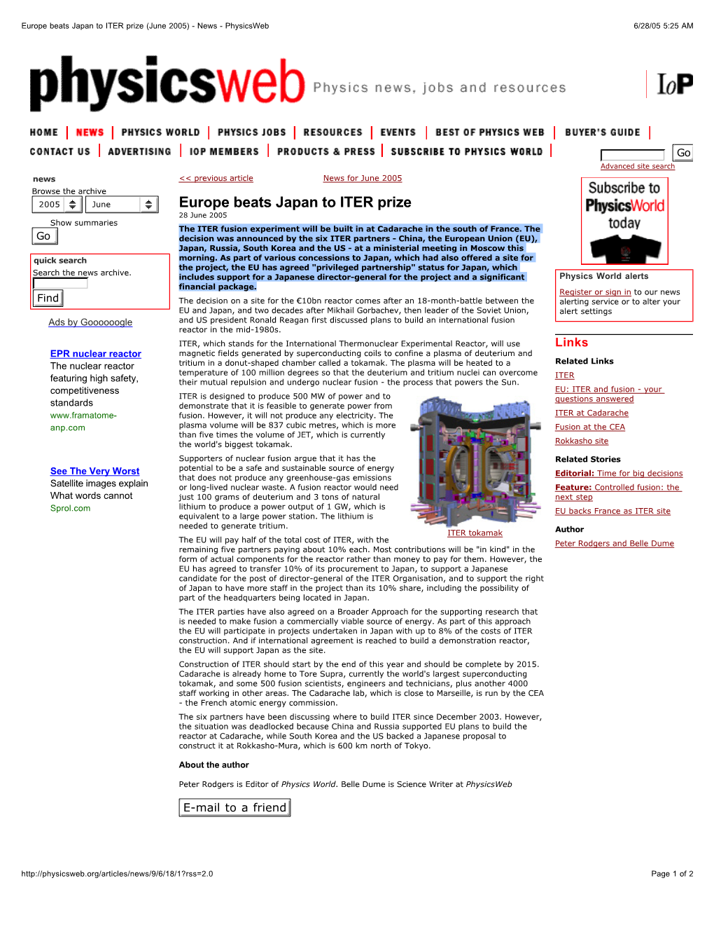 Europe Beats Japan to ITER Prize (June 2005) - News - Physicsweb 6/28/05 5:25 AM
