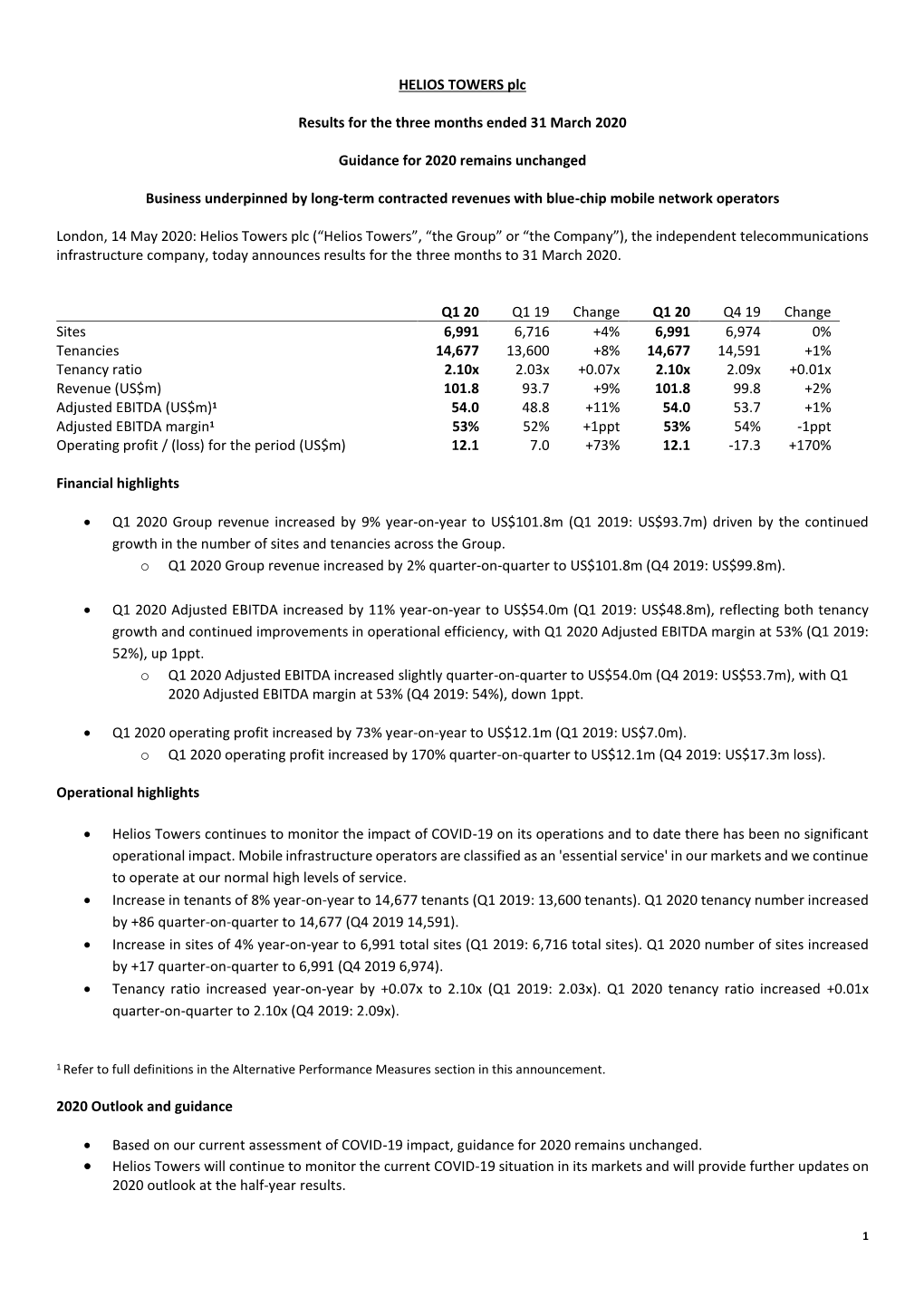 HELIOS TOWERS Plc Results for the Three Months Ended 31 March 2020