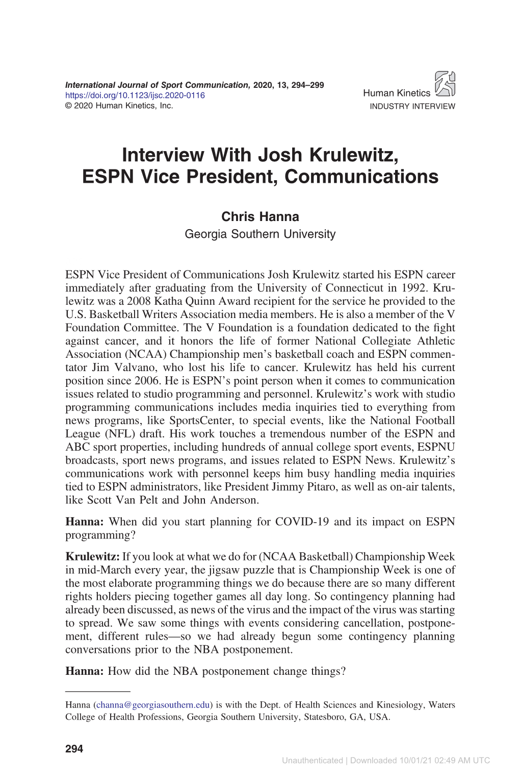 Interview with Josh Krulewitz, ESPN Vice President, Communications