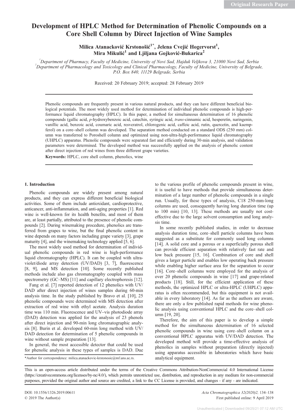 Development of HPLC Method for Determination of Phenolic Compounds on a Core Shell Column by Direct Injection of Wine Samples