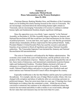 Testimony of Ambassador Michael Kozak House Subcommittee on the Western Hemisphere June 22, 2016