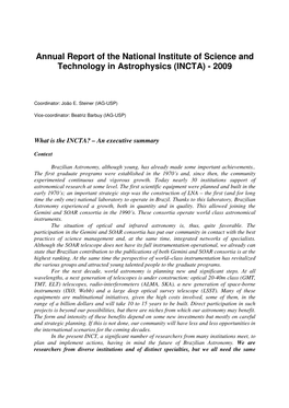 Annual Report of the National Institute of Science and Technology in Astrophysics (INCTA) - 2009