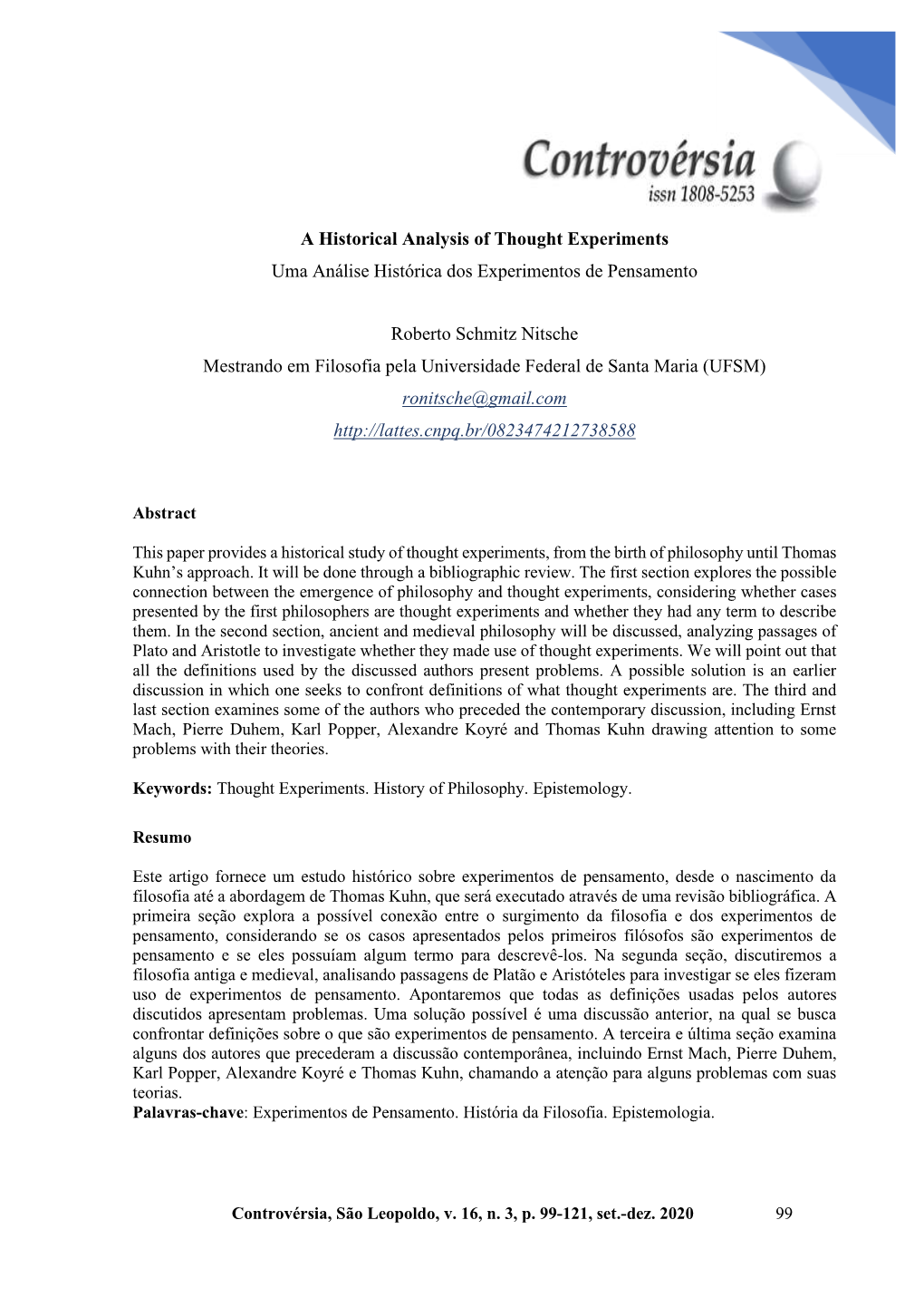A Historical Analysis of Thought Experiments Uma Análise Histórica Dos Experimentos De Pensamento