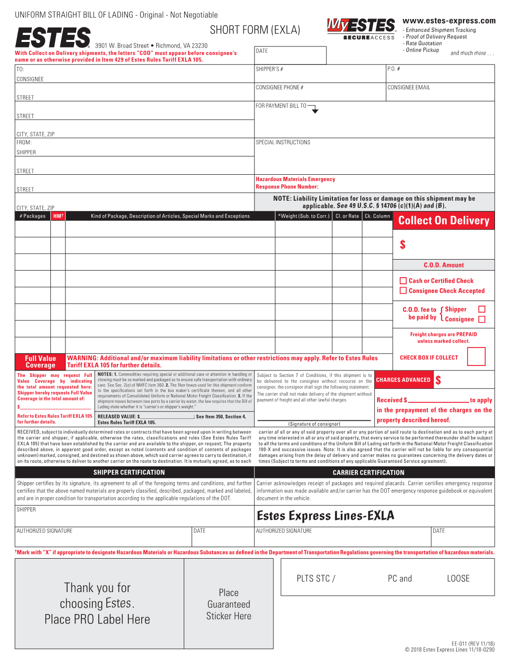 BILL of LADING - Original - Not Negotiable SHORT FORM (EXLA) - Enhanced Shipment Tracking - Proof of Delivery Request 3901 W