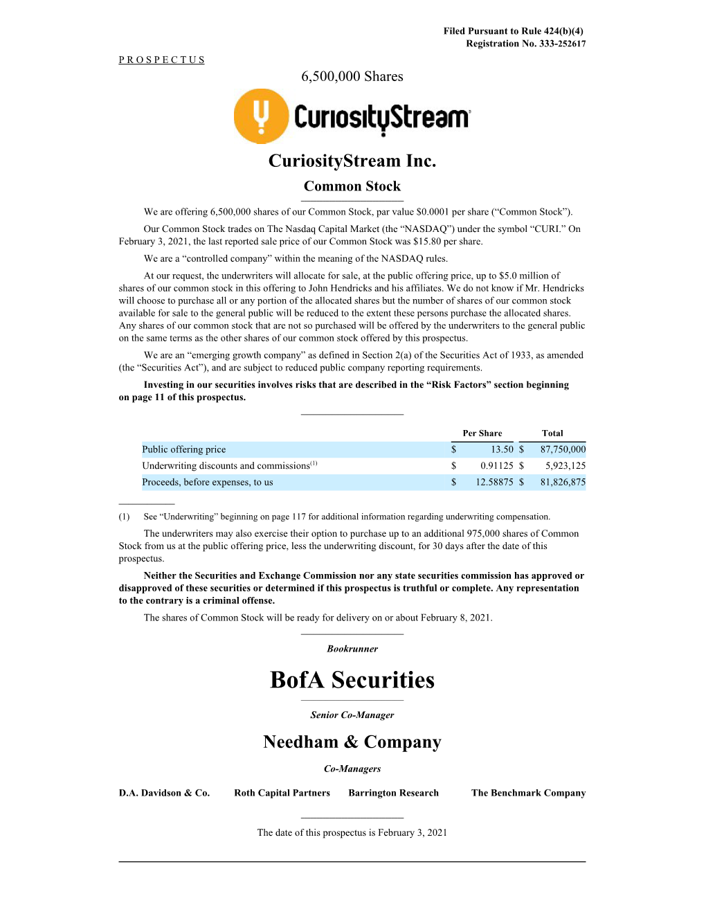 Bofa Securities ______Senior Co-Manager Needham & Company