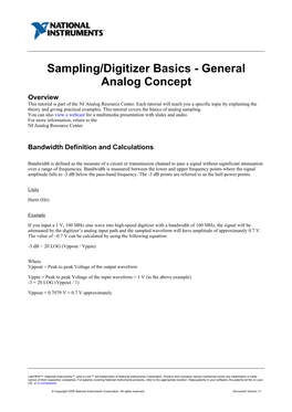 Sampling/Digitizer Basics - General Analog Concept Overview This Tutorial Is Part of the NI Analog Resource Center
