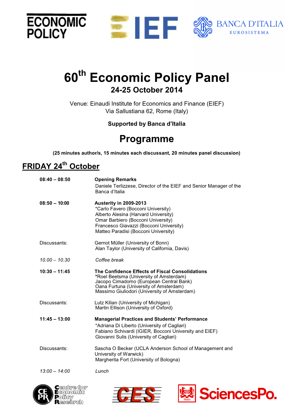 Economic Policy Panel 24-25 October 2014