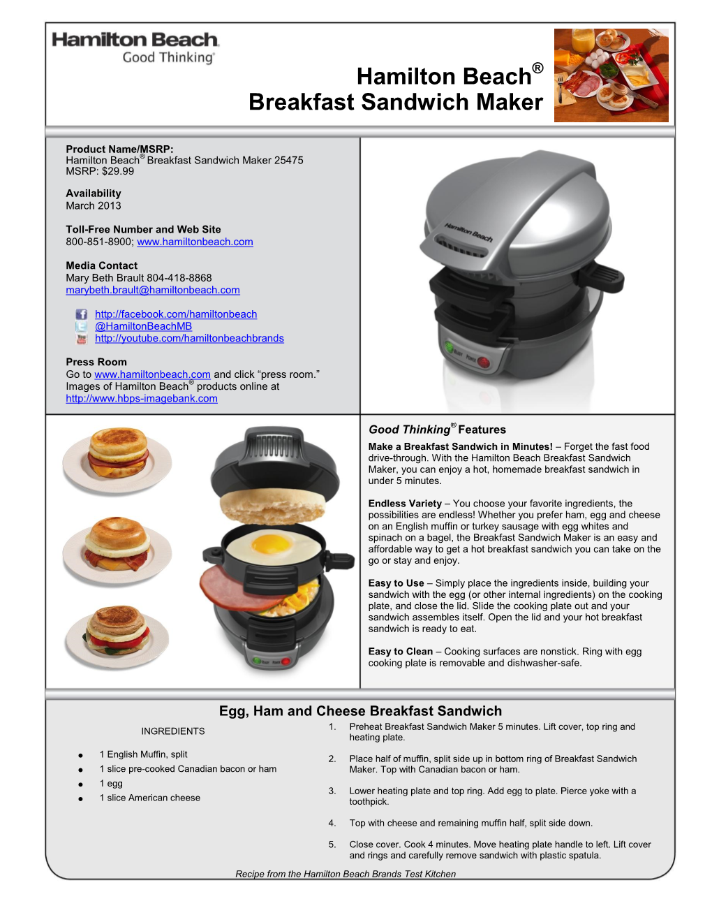 Hamilton Beach Breakfast Sandwich Maker, You Can Enjoy a Hot, Homemade Breakfast Sandwich in Under 5 Minutes