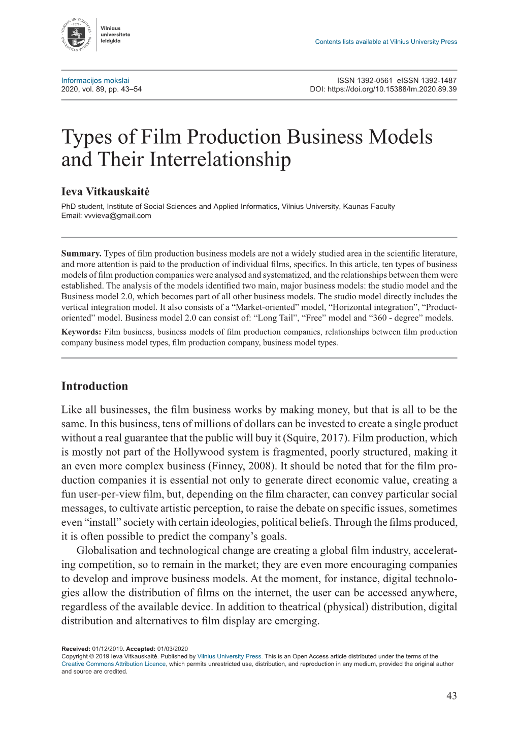 Types of Film Production Business Models and Their Interrelationship