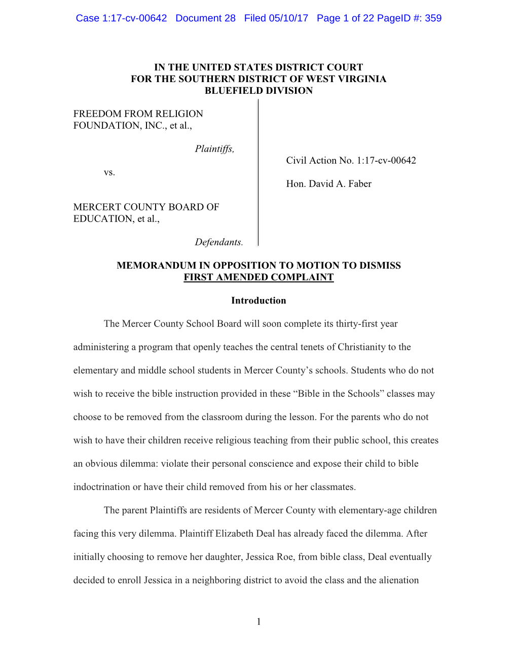 Case 1:17-Cv-00642 Document 28 Filed 05/10/17 Page 1 of 22 Pageid #: 359