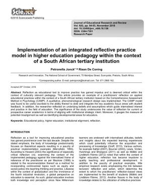 Implementation of an Integrated Reflective Practice Model in Higher Education Pedagogy Within the Context of a South African Tertiary Institution