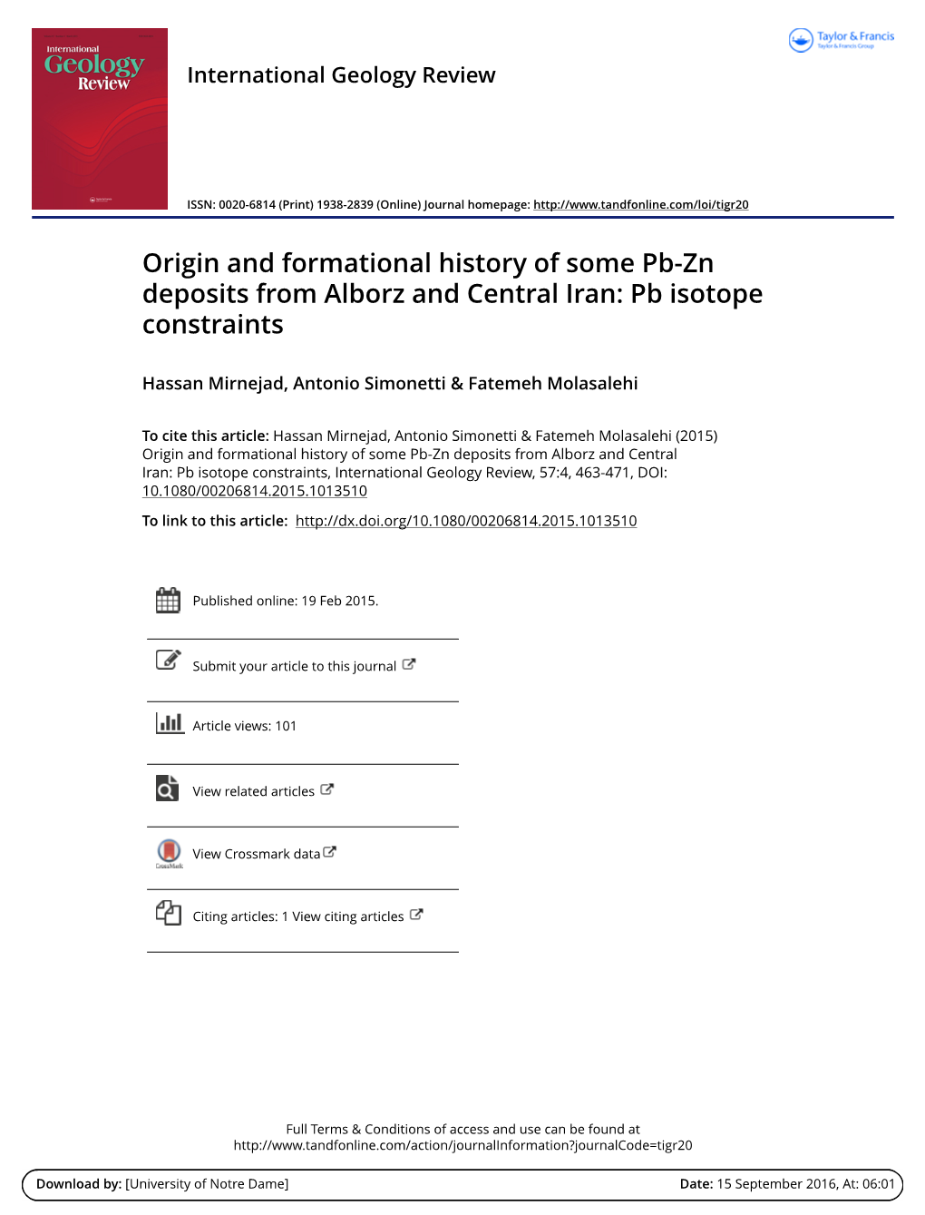 Origin and Formational History of Some Pb-Zn Deposits from Alborz and Central Iran: Pb Isotope Constraints