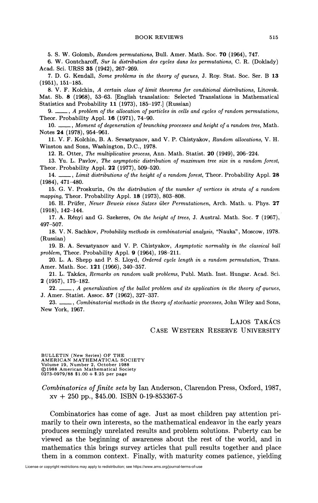 Combinatorics of Finite Sets by Ian Anderson, Clarendon Press, Oxford, 1987, Xv + 250 Pp., $45.00