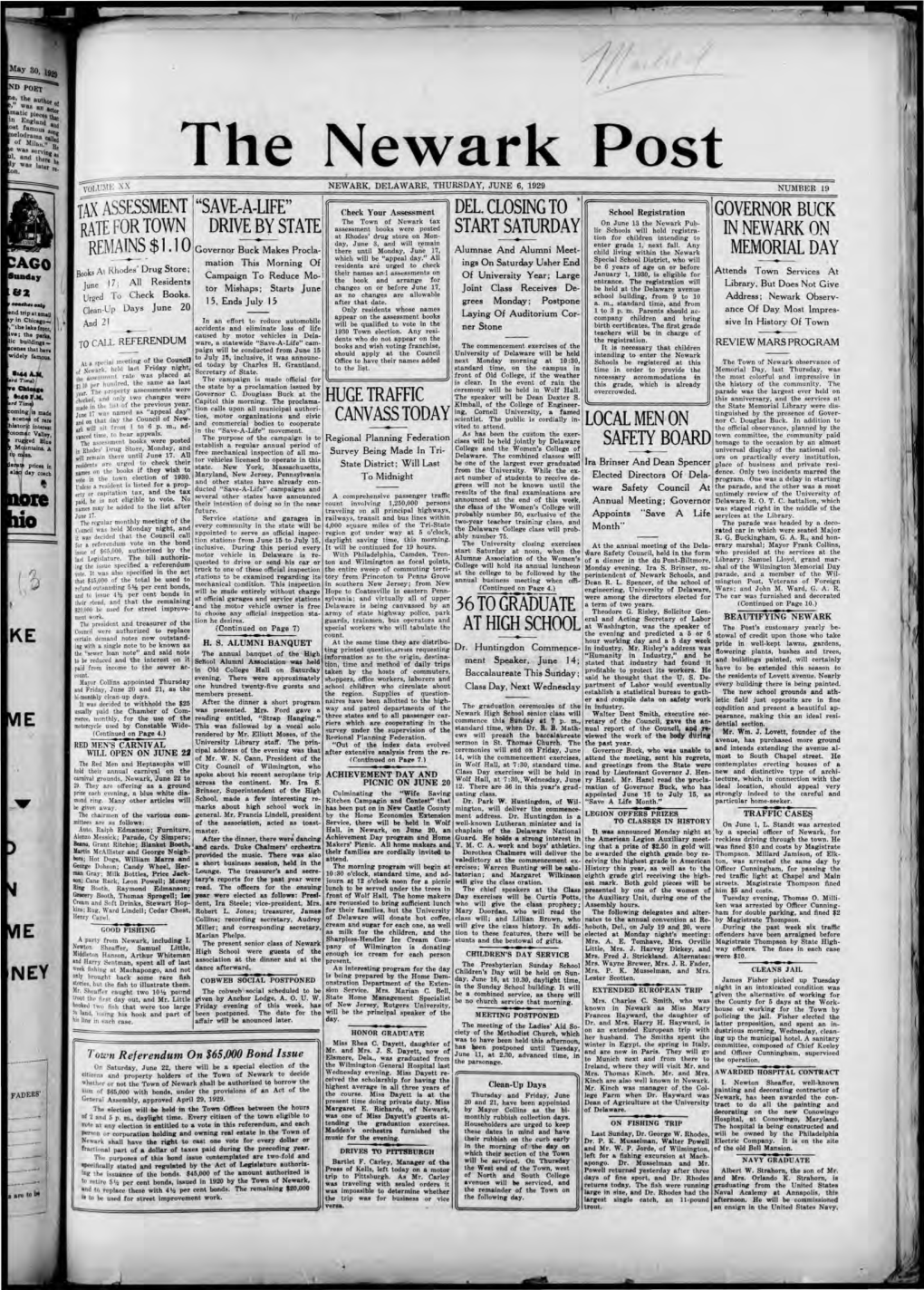 The Newark Post =-:OL :\11~ Xx NEWARK, DELAWARE, THURSDAY, JUNE 6, 1929 NUMBER 19