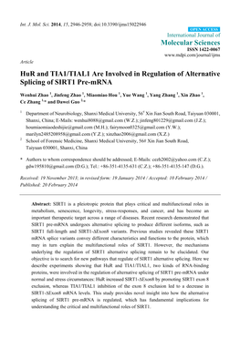 Hur and TIA1/TIAL1 Are Involved in Regulation of Alternative Splicing of SIRT1 Pre-Mrna
